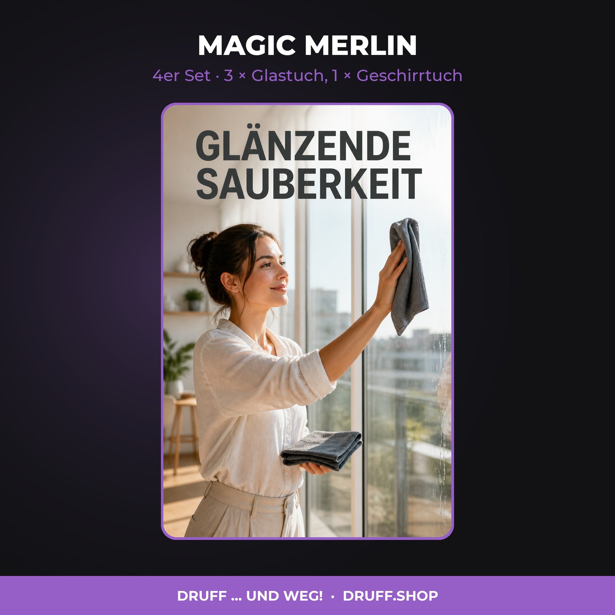 MAGIC MERLIN – 4er Set, 3 × Glastuch, 1 × Geschirrtuch