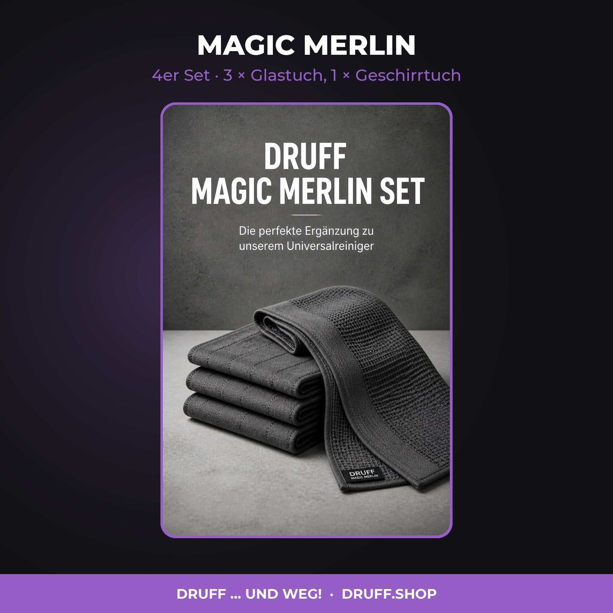 MAGIC MERLIN – 4er Set, 3 × Glastuch, 1 × Geschirrtuch