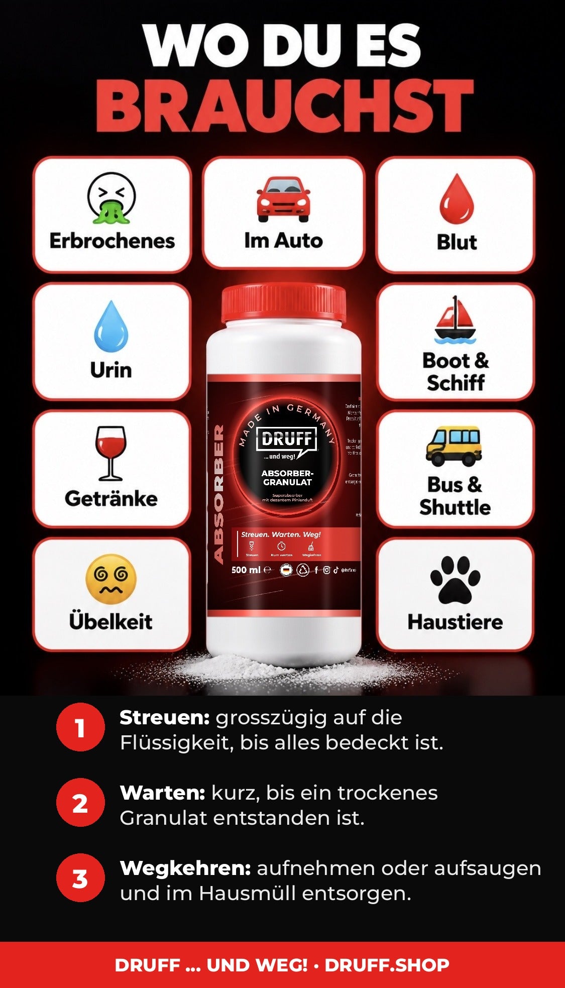 DRUFF Absorber-Granulat 500 ml Pinie – Wo du es brauchst