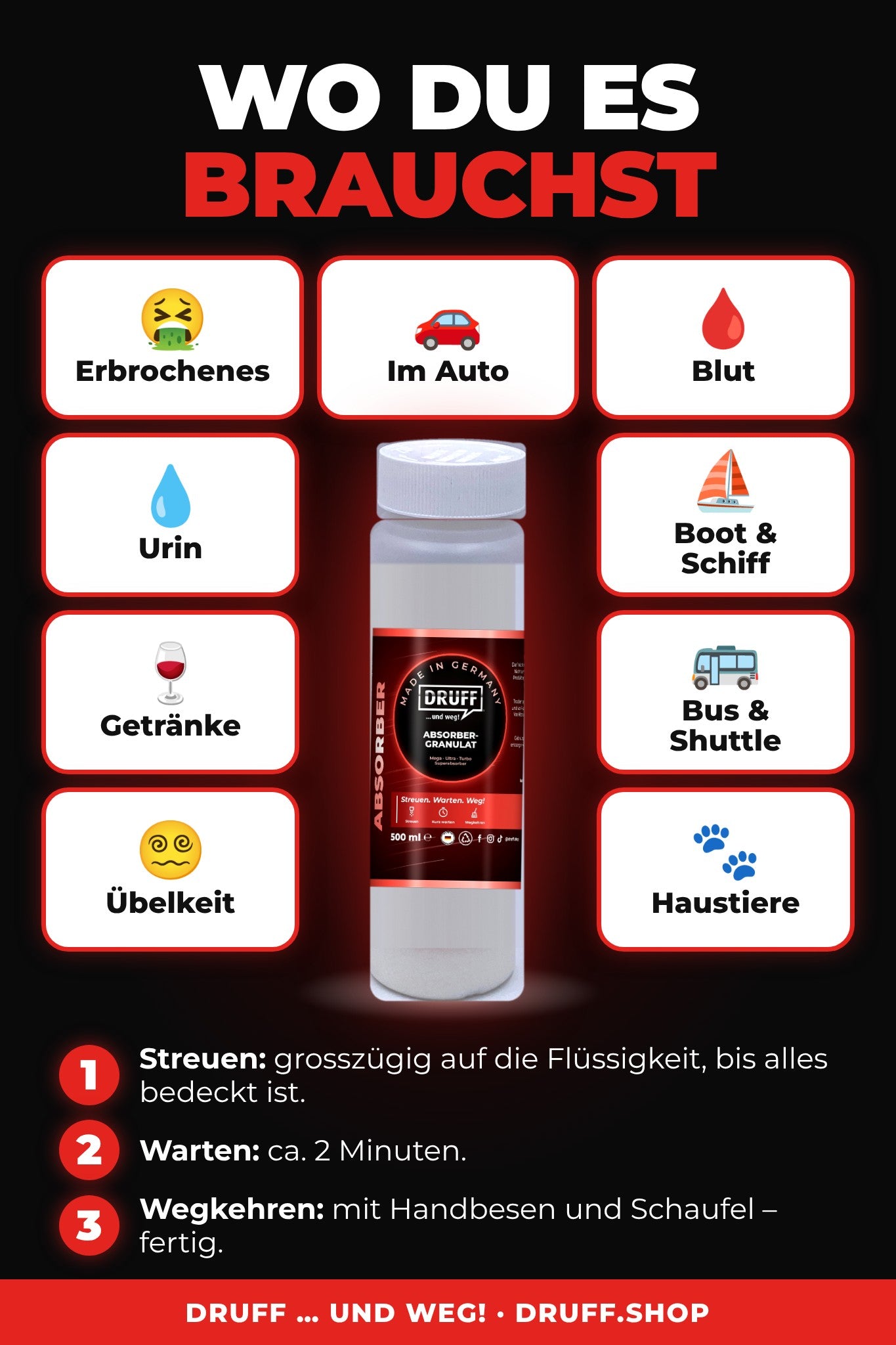 DRUFF Absorber-Granulat 500 ml – Streuen, Warten, Wegkehren