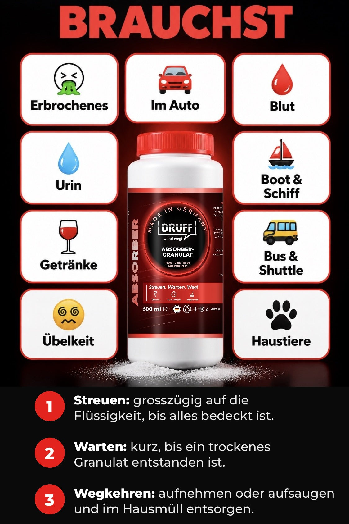 DRUFF Absorber-Granulat 500 ml Neutral – Wo du es brauchst, Streuen, Warten, Wegkehren