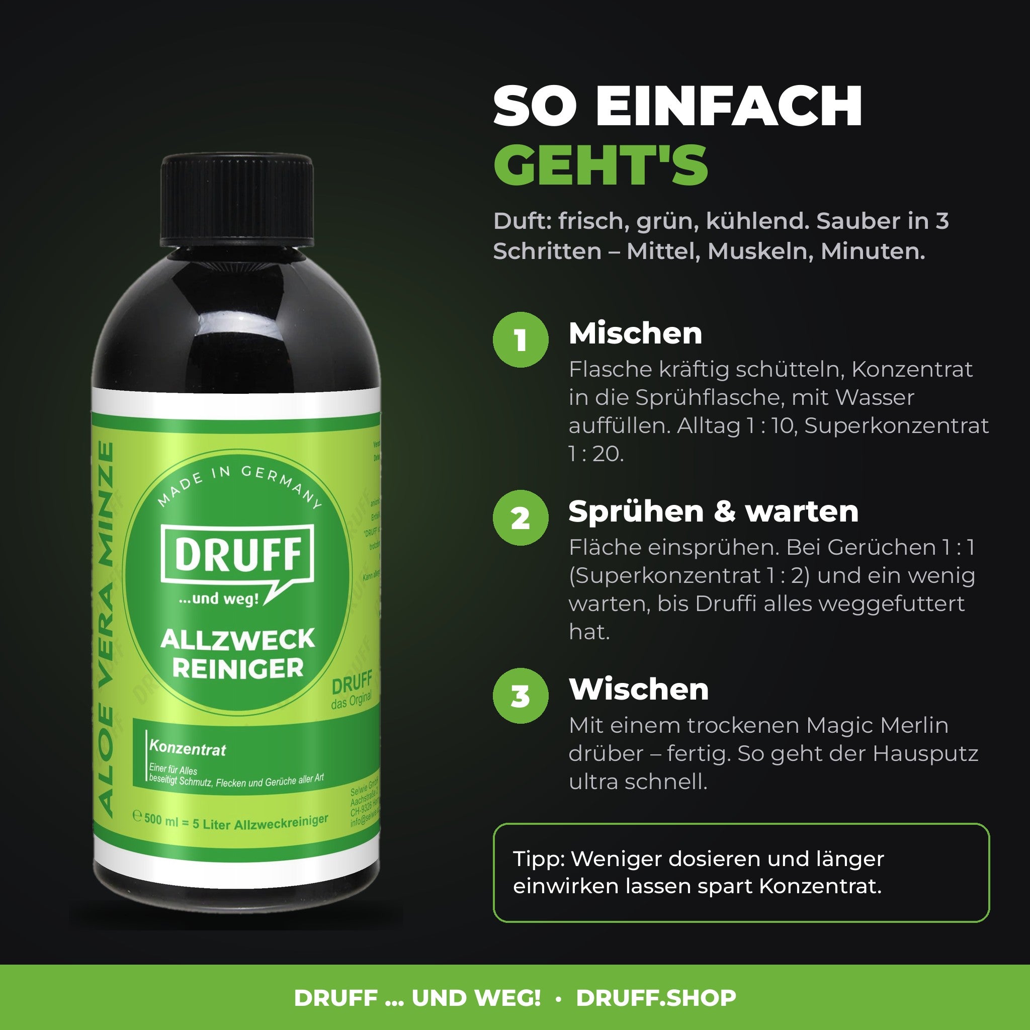 DRUFF Allzweckreiniger Aloe Vera Minze – Anwendung in 3 Schritten