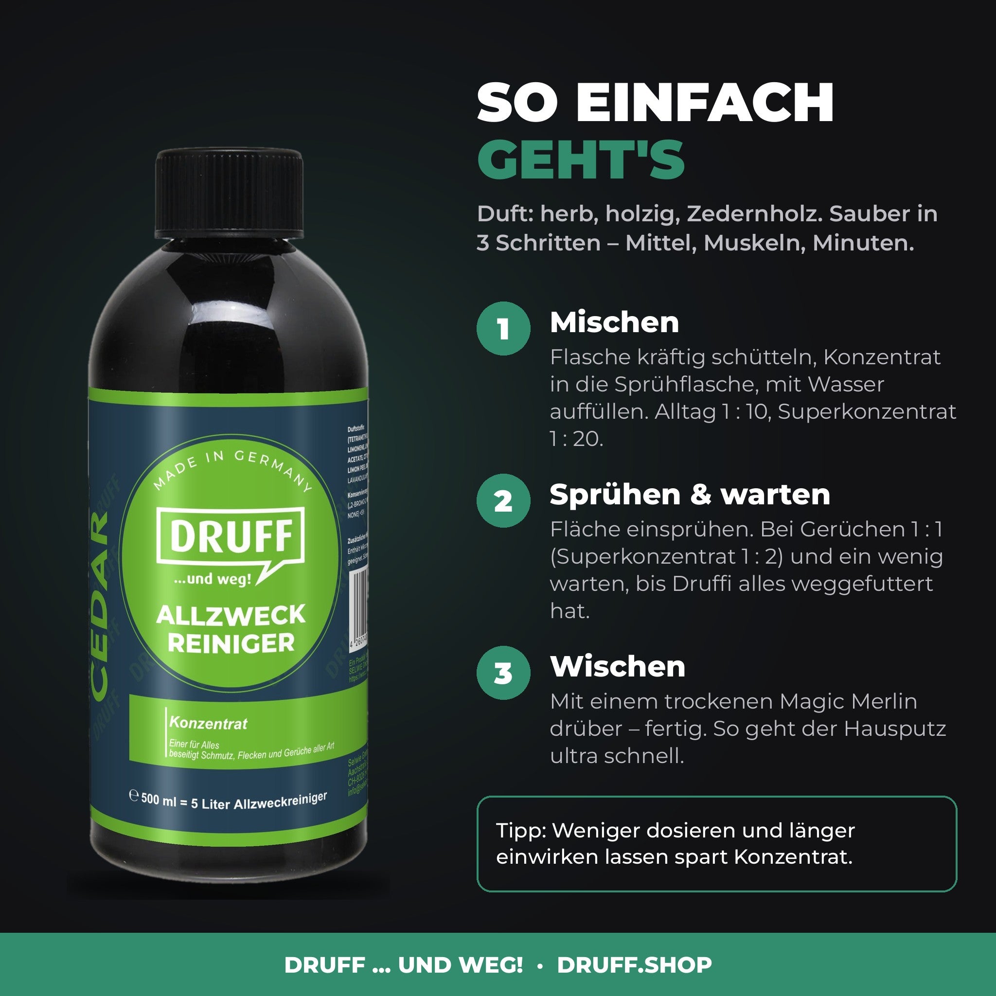 DRUFF Allzweckreiniger Cedar – Anwendung in 3 Schritten