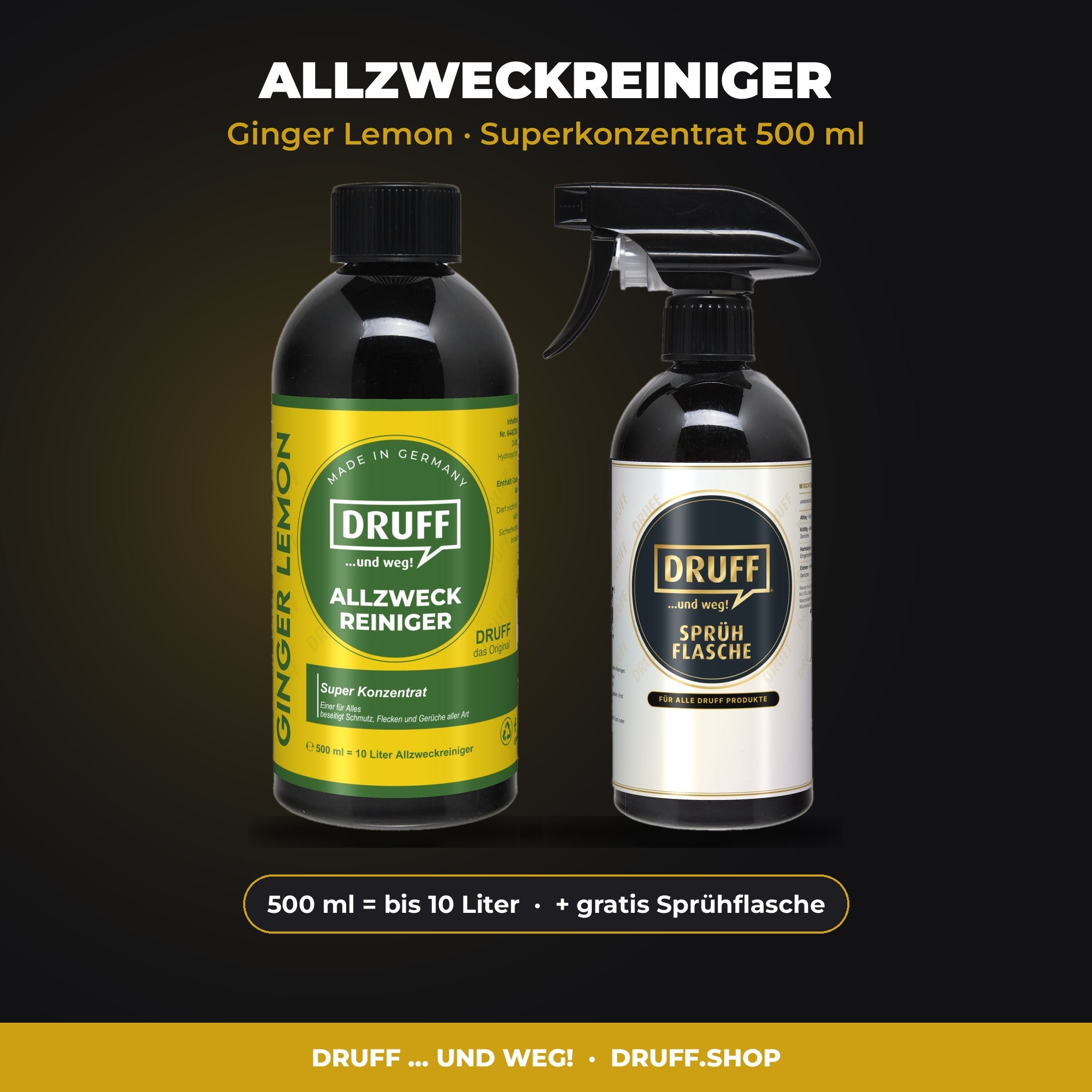 DRUFF Allzweckreiniger Ginger Lemon – Superkonzentrat 500 ml mit Sprühflasche