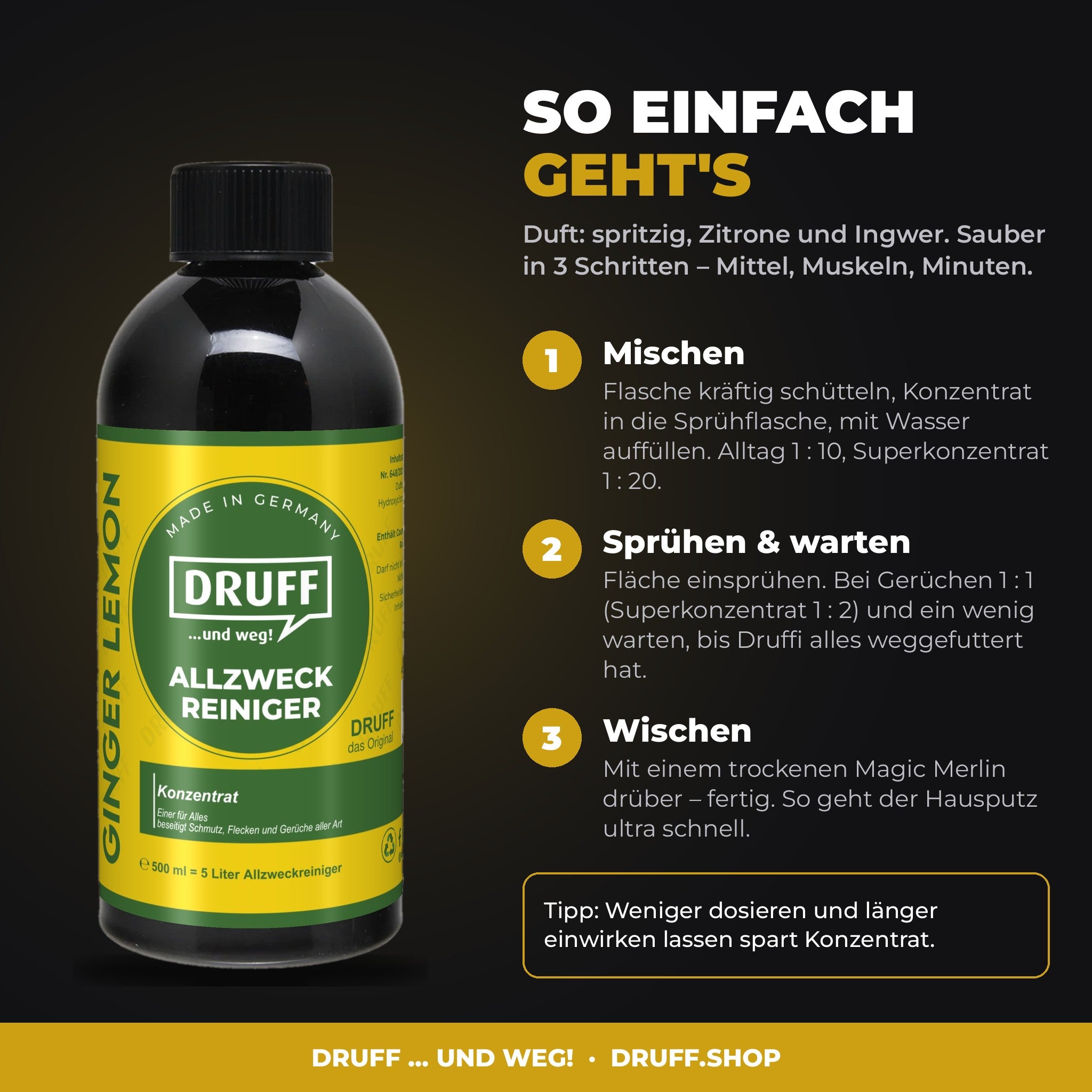 DRUFF Allzweckreiniger Ginger Lemon – Anwendung in 3 Schritten