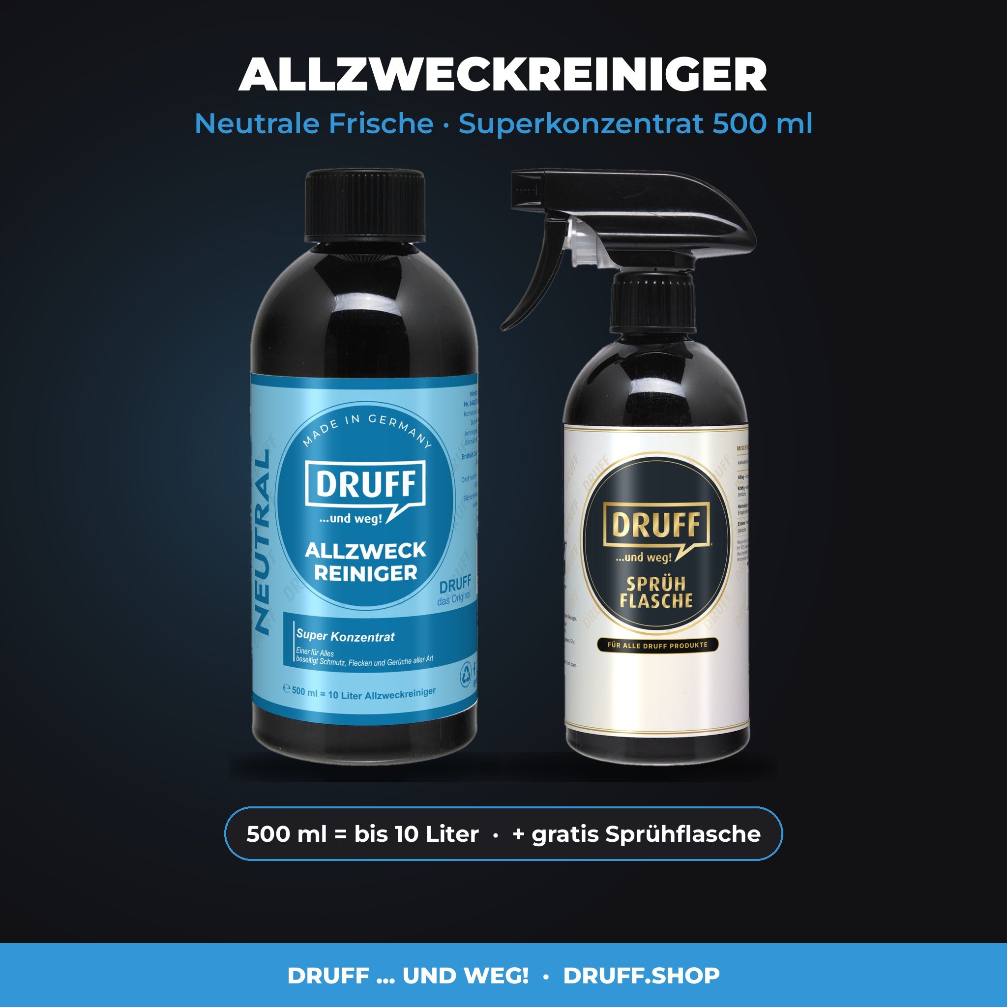 DRUFF Allzweckreiniger Neutrale Frische – Superkonzentrat 500 ml mit Sprühflasche