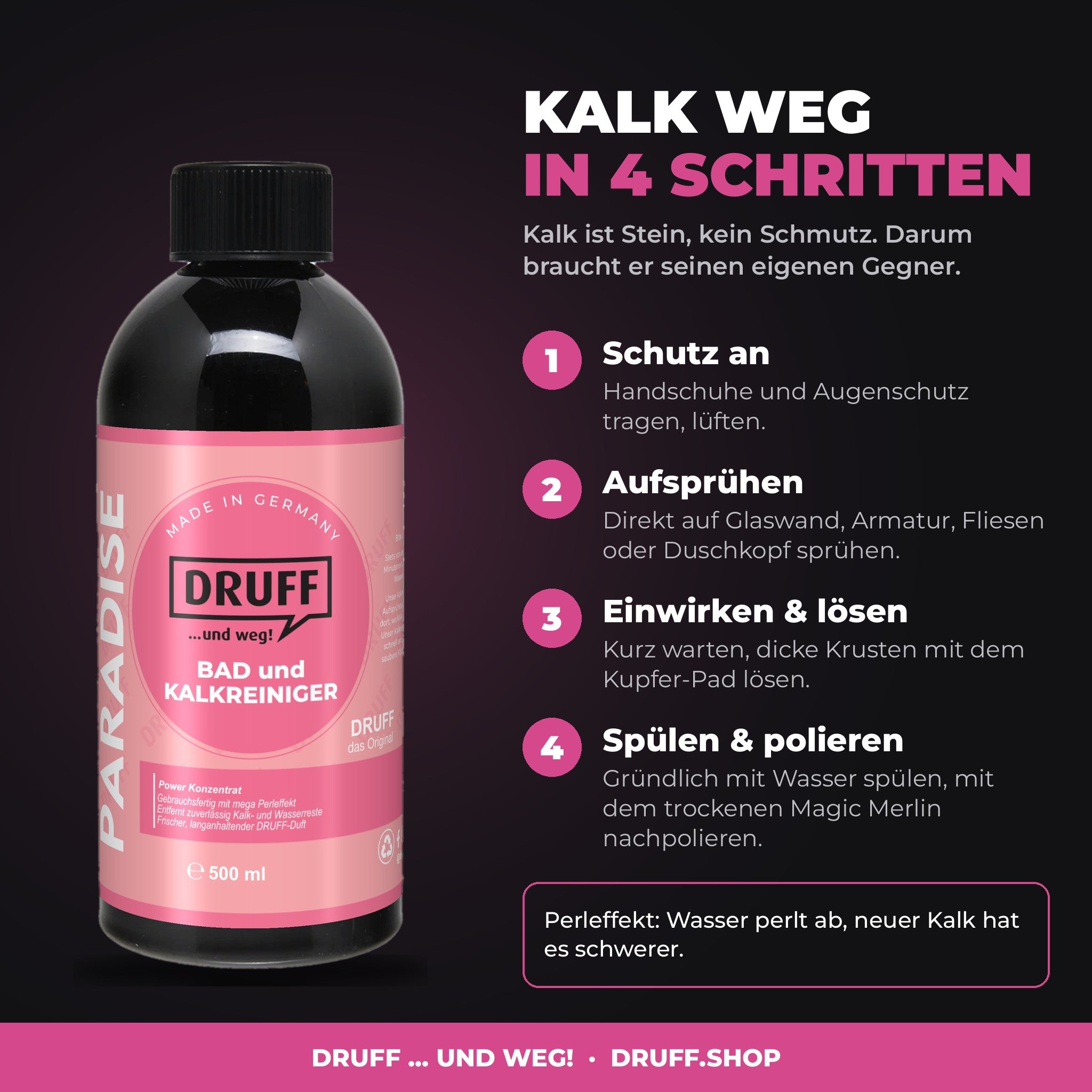 Kalk weg in 4 Schritten – DRUFF Bad- und Kalkreiniger PARADISE