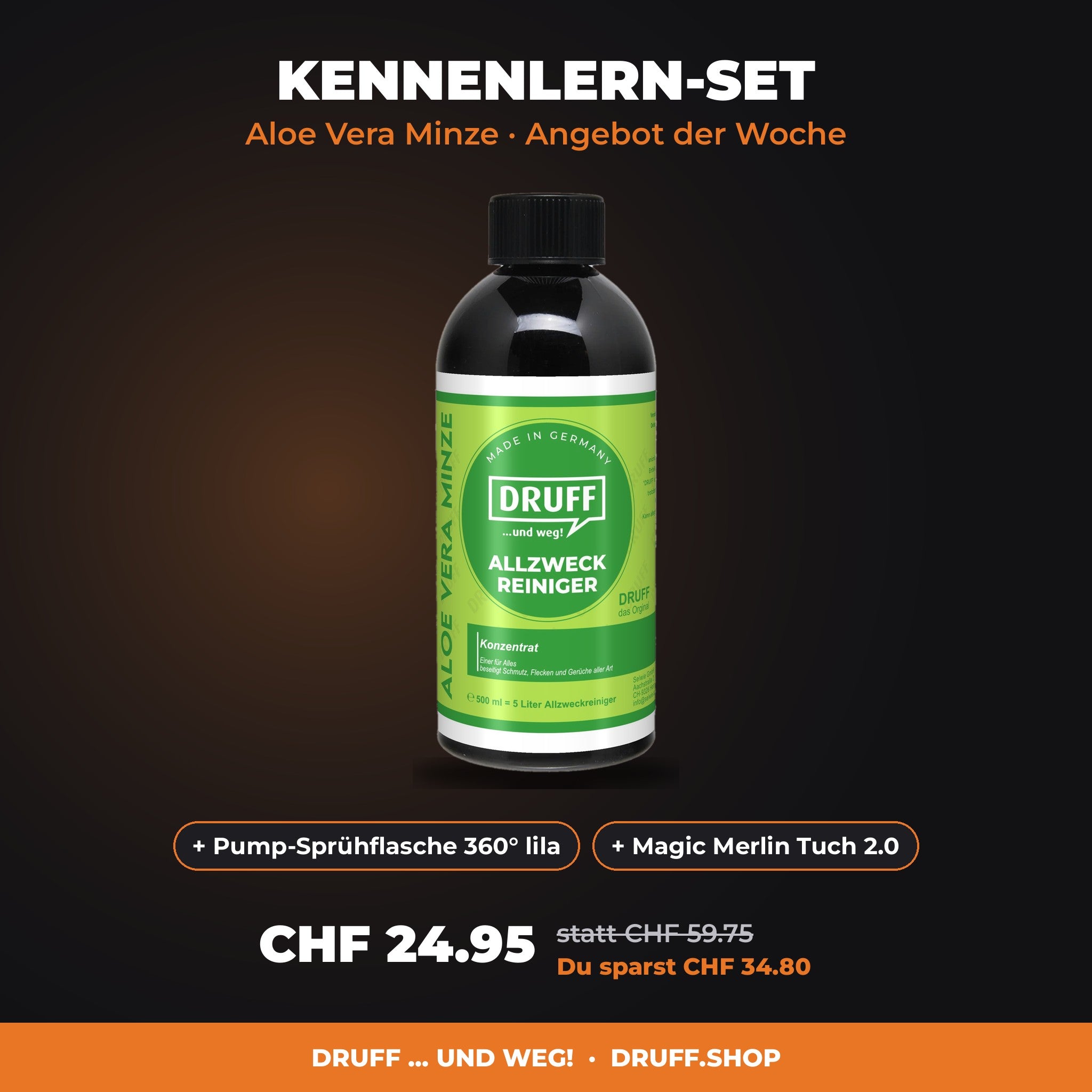 DRUFF Kennenlern-Set: Allzweckreiniger Konzentrat + Pump-Sprühflasche 360° + MAGIC MERLIN Tuch