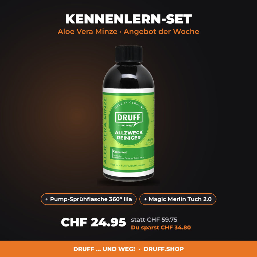 DRUFF Kennenlern-Set Aloe Vera Minze: Allzweckreiniger Konzentrat + Pump-Sprühflasche + Magic Merlin Tuch