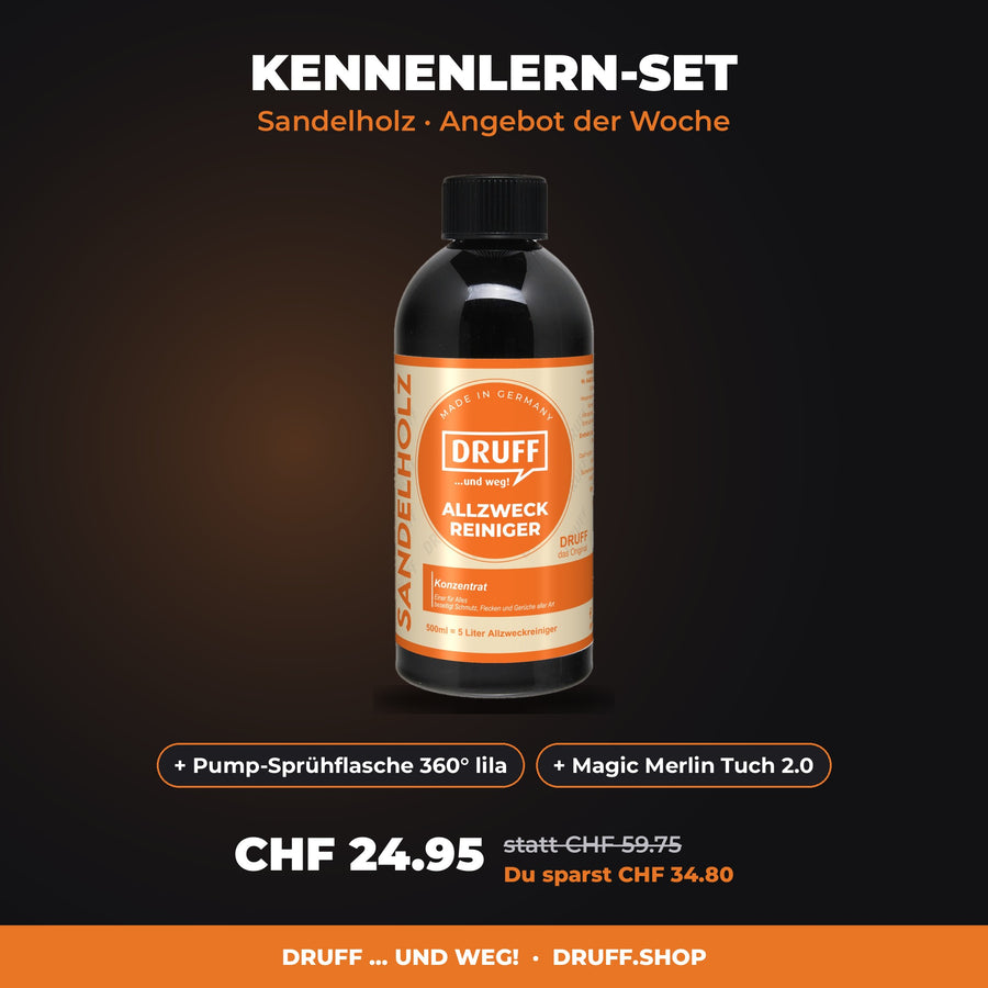 DRUFF Kennenlern-Set Sandelholz: Allzweckreiniger Konzentrat + Pump-Sprühflasche + Magic Merlin Tuch