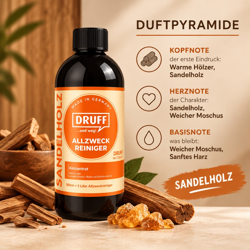 DRUFF Allzweckreiniger Sandelholz – Duftpyramide mit Hölzern, Moschus und Harz