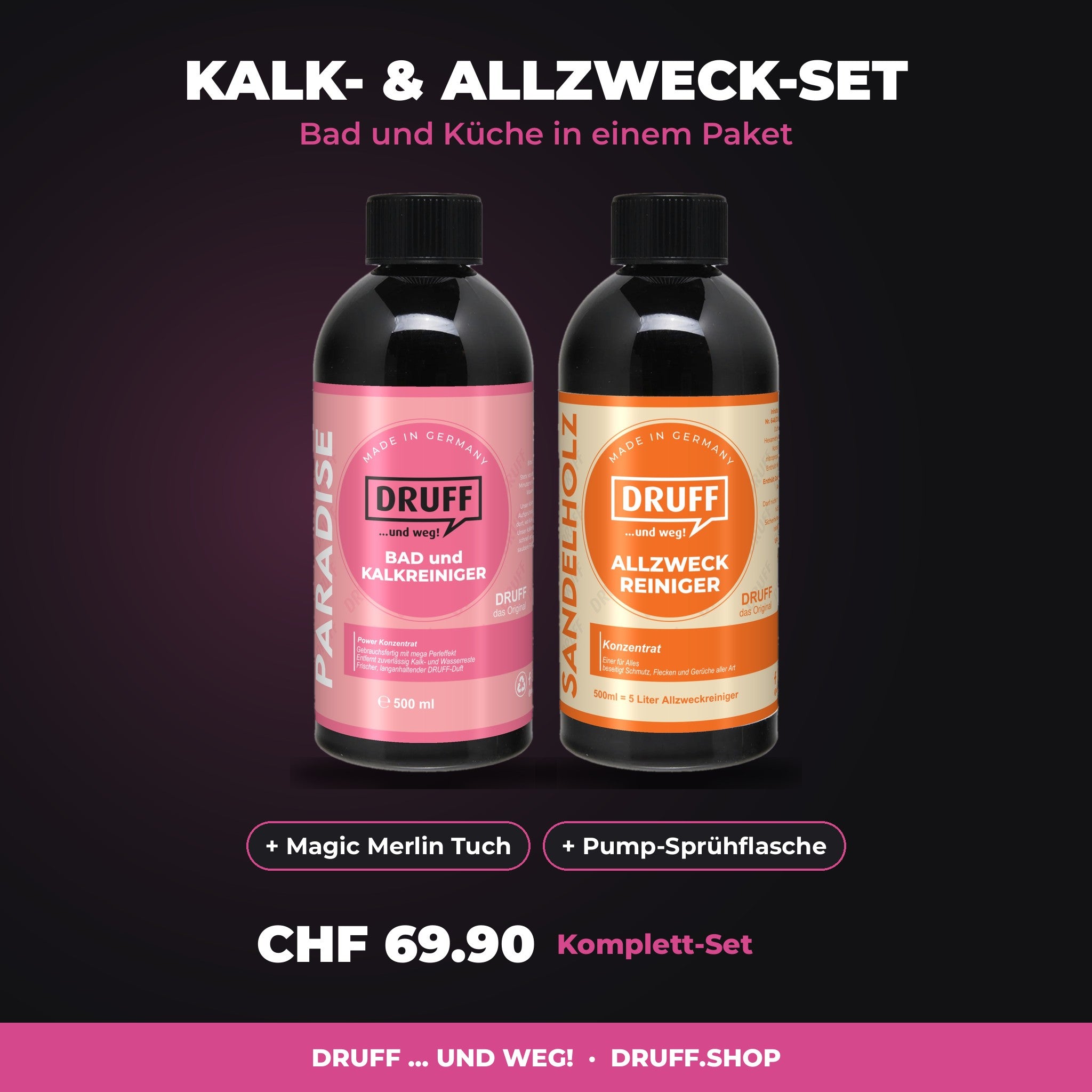 DRUFF Kalk- und Allzweck-Set mit Magic Merlin und Pump-Sprühflasche