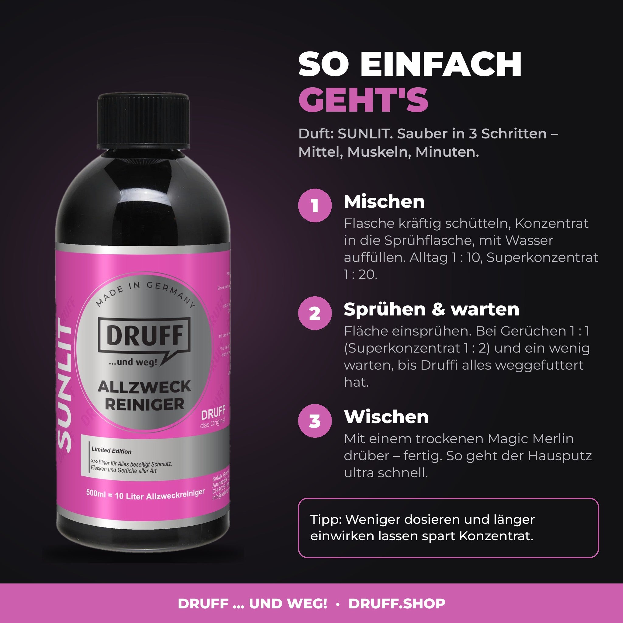 DRUFF Allzweckreiniger SUNLIT – Anwendung in 3 Schritten