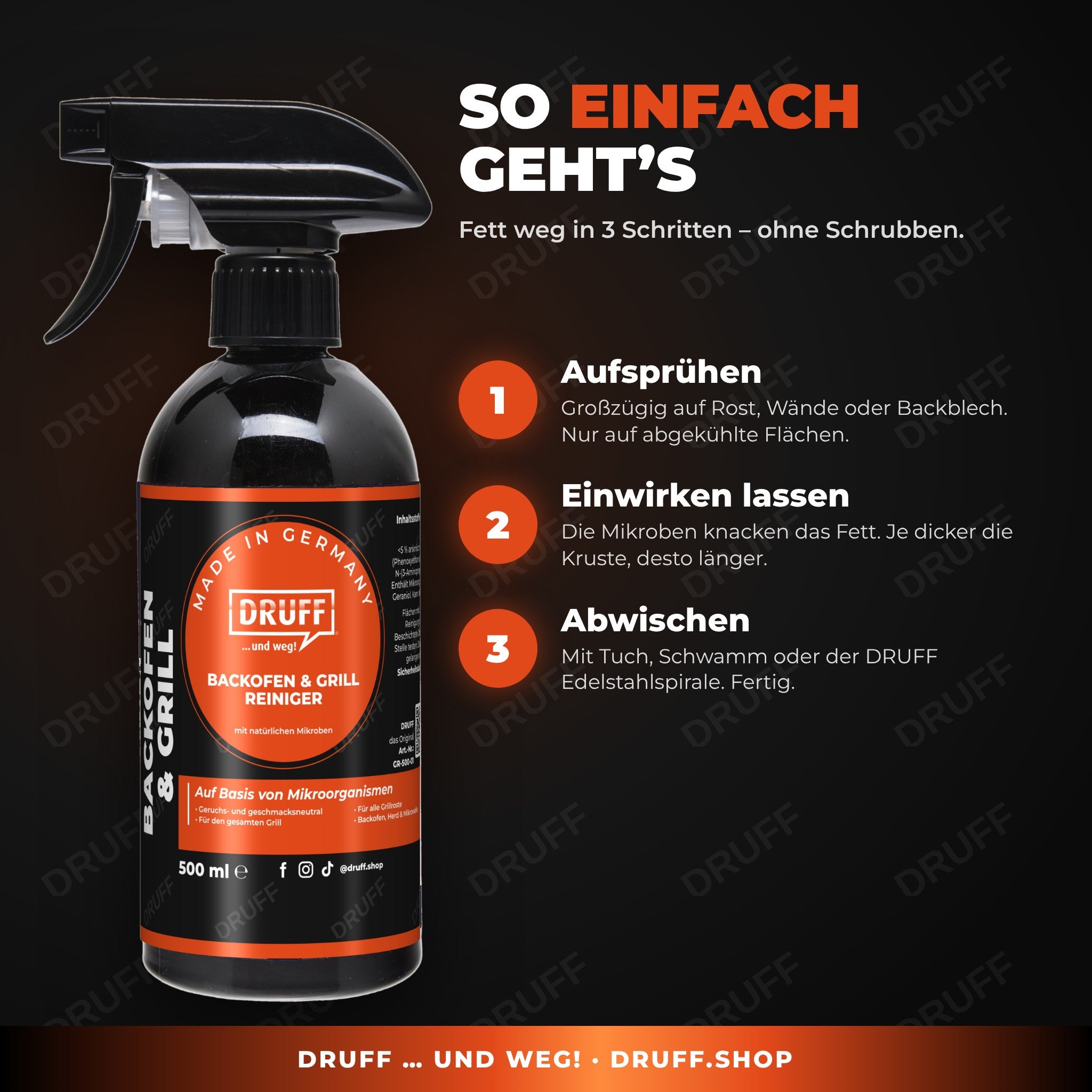 DRUFF Backofen- & Grillreiniger – Anwendung in 3 Schritten