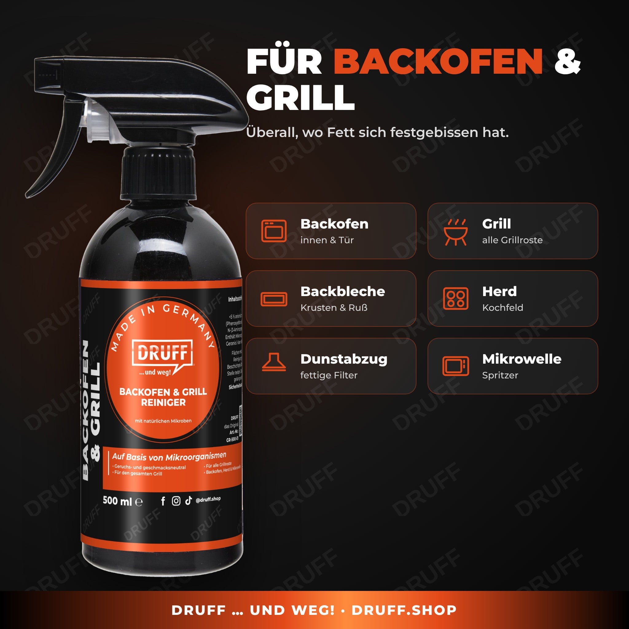 DRUFF Backofen- & Grillreiniger – für Backofen, Grill, Herd, Dunstabzug, Mikrowelle