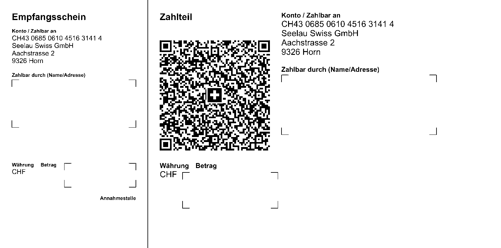 QR-Einzahlungsschein Seelau Swiss GmbH, IBAN CH43 0685 0610 4516 3141 4